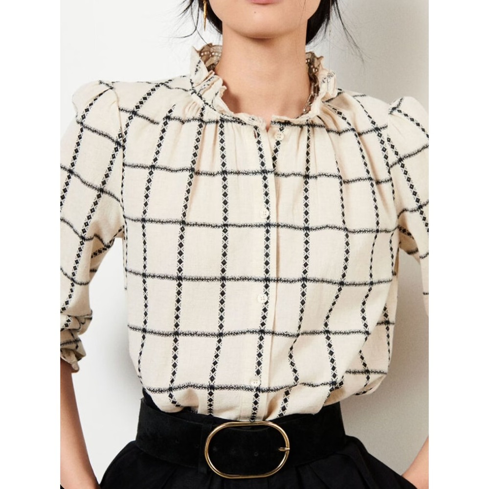 Ba&sh Patsy Lady Shirt Ecru Plaid Embroidered Linen Blend Ruffle Blouse Sz 2 XS